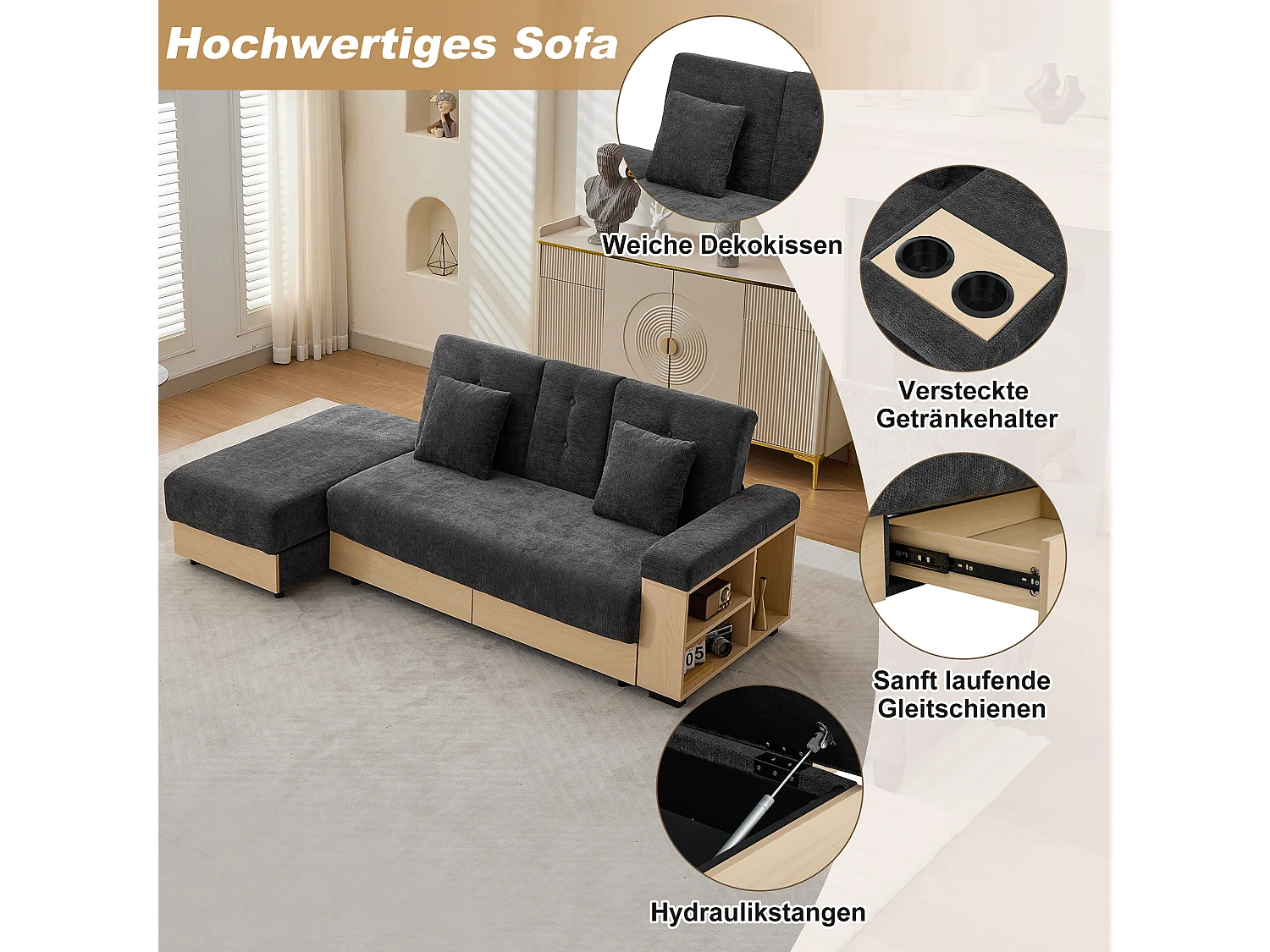 Canapé d'angle 3 places avec rangement, dossier réglable 3 positions, 2 tiroirs et porte-gobelet - Chenille + MDF - 217 x 110 x 90 cm - Gris