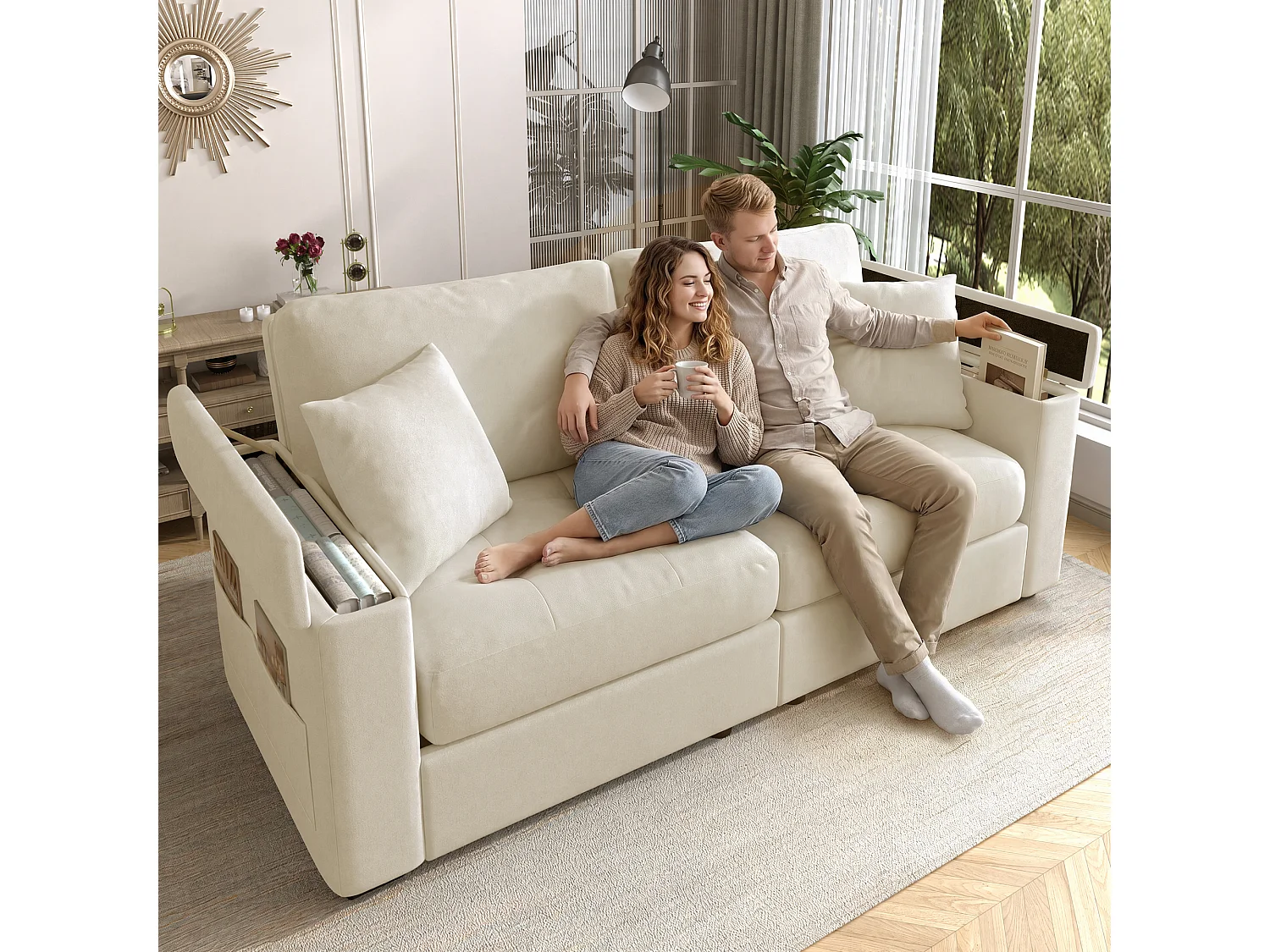 Canapé 2 places avec rangement intégré dans les accoudoirs et poches latérales, 2 coussins - Tissu chenille - 180 x 81,5 x 84 cm - Beige