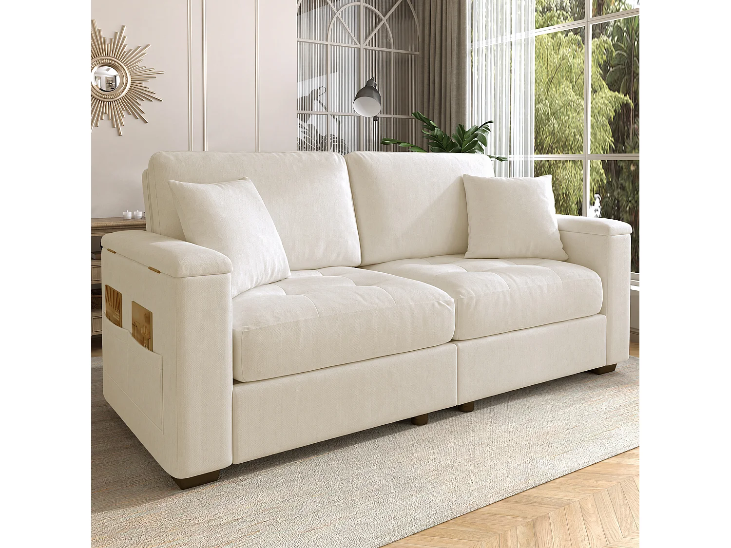 Canapé 2 places avec rangement intégré dans les accoudoirs et poches latérales, 2 coussins - Tissu chenille - 180 x 81,5 x 84 cm - Beige