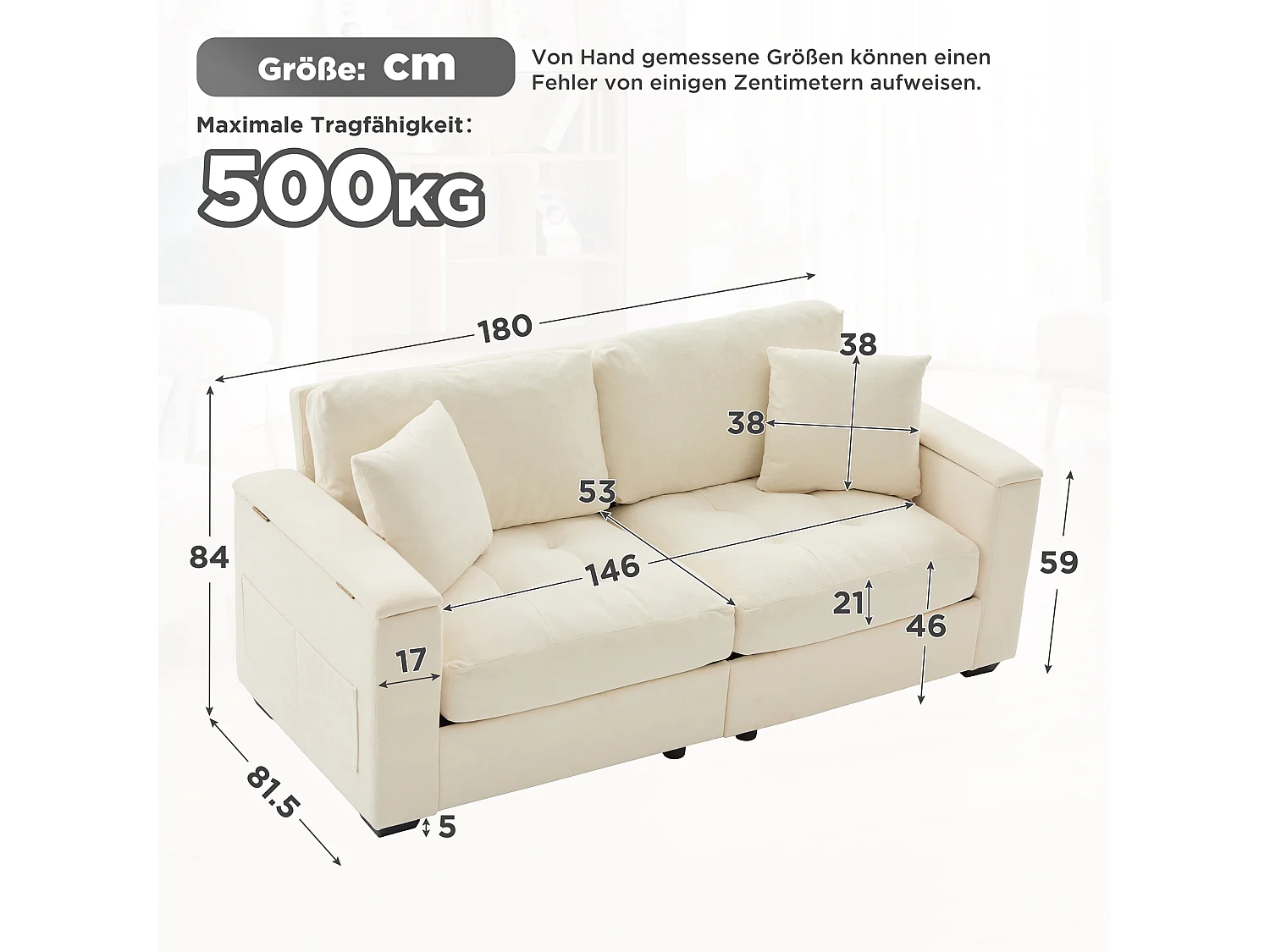 Canapé 2 places avec rangement intégré dans les accoudoirs et poches latérales, 2 coussins - Tissu chenille - 180 x 81,5 x 84 cm - Beige