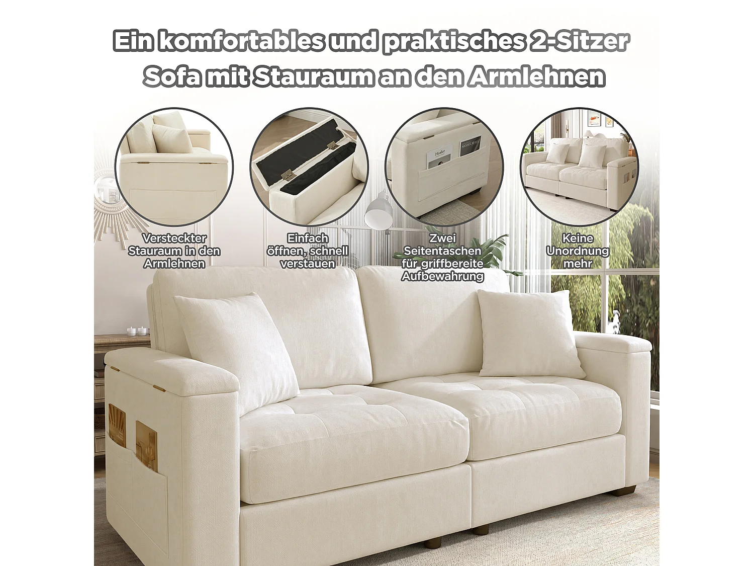 Canapé 2 places avec rangement intégré dans les accoudoirs et poches latérales, 2 coussins - Tissu chenille - 180 x 81,5 x 84 cm - Beige