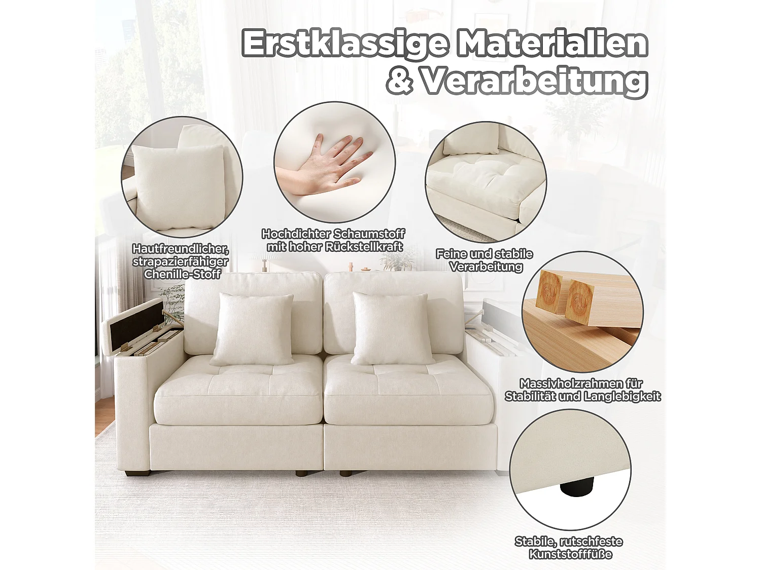 Canapé 2 places avec rangement intégré dans les accoudoirs et poches latérales, 2 coussins - Tissu chenille - 180 x 81,5 x 84 cm - Beige