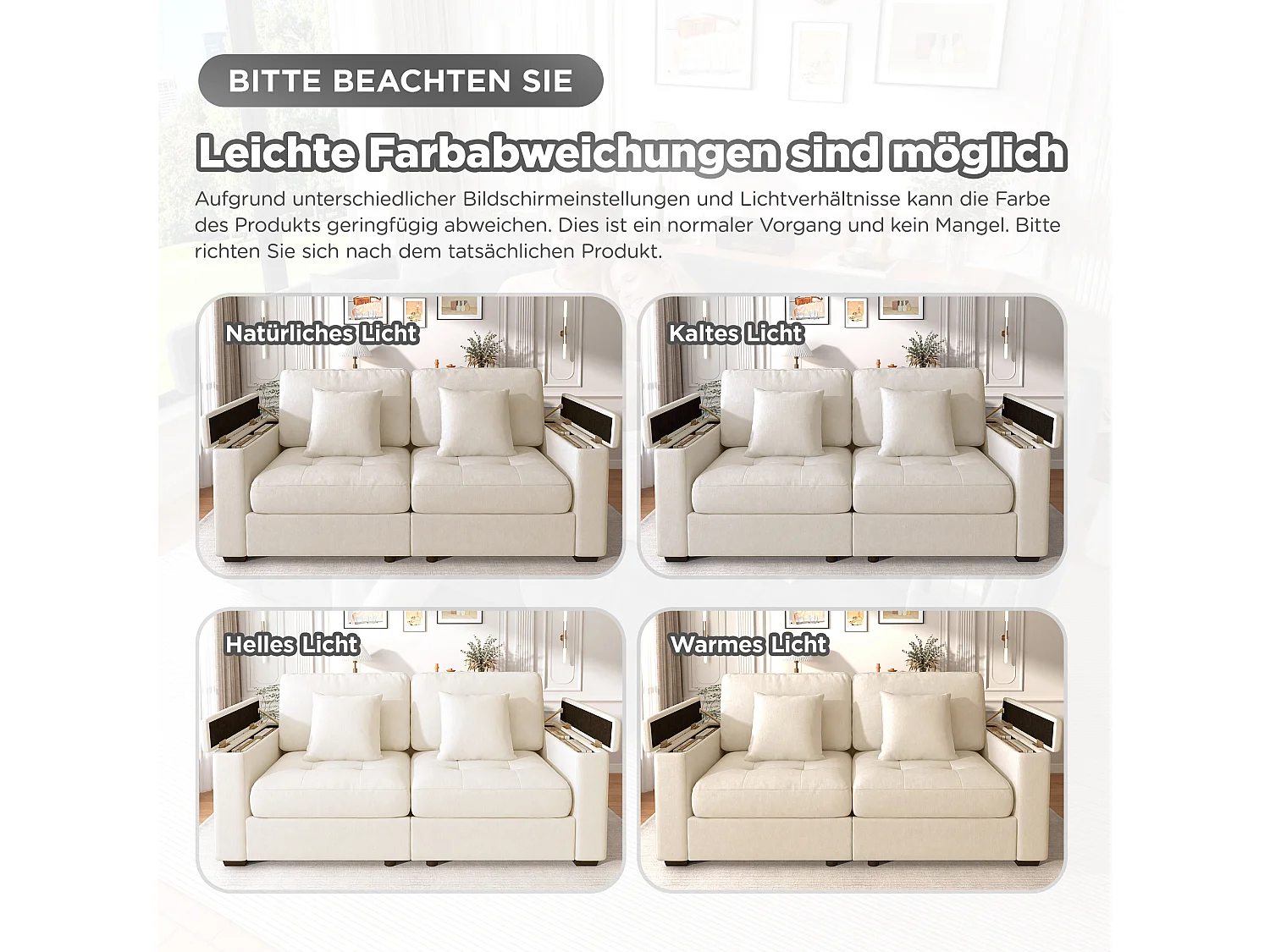 Canapé 2 places avec rangement intégré dans les accoudoirs et poches latérales, 2 coussins - Tissu chenille - 180 x 81,5 x 84 cm - Beige