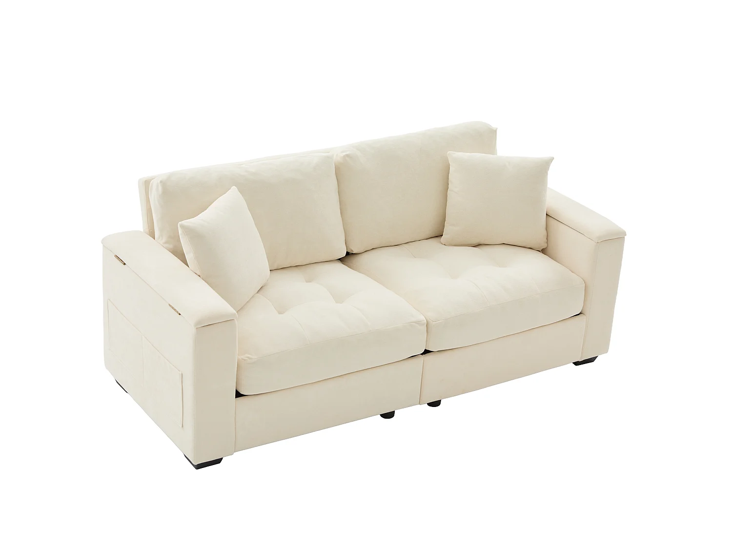 Canapé 2 places avec rangement intégré dans les accoudoirs et poches latérales, 2 coussins - Tissu chenille - 180 x 81,5 x 84 cm - Beige