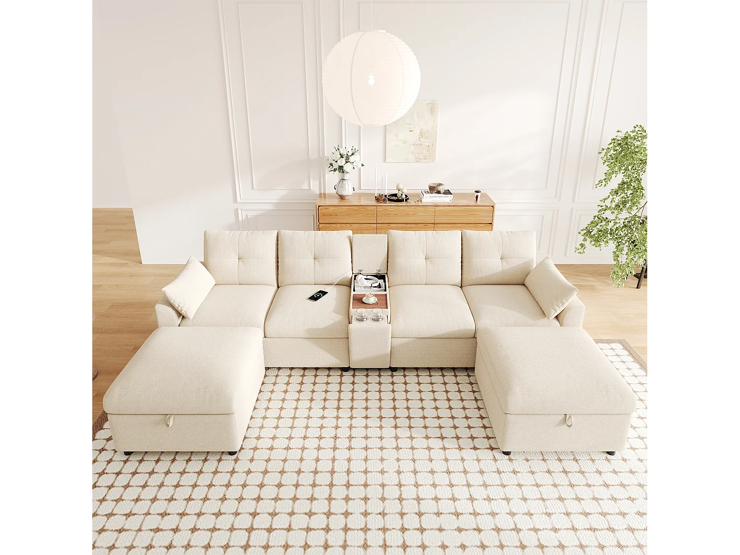 Divano panoramico a forma di U con doppia chaise longue, vano contenitore e schienale regolabile - Ciniglia - 300 x 150 x 85 cm - Grigio