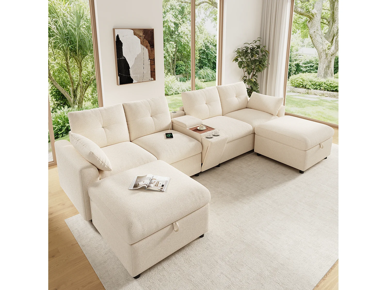 Divano panoramico a forma di U con doppia chaise longue, vano contenitore e schienale regolabile - Ciniglia - 300 x 150 x 85 cm - Grigio