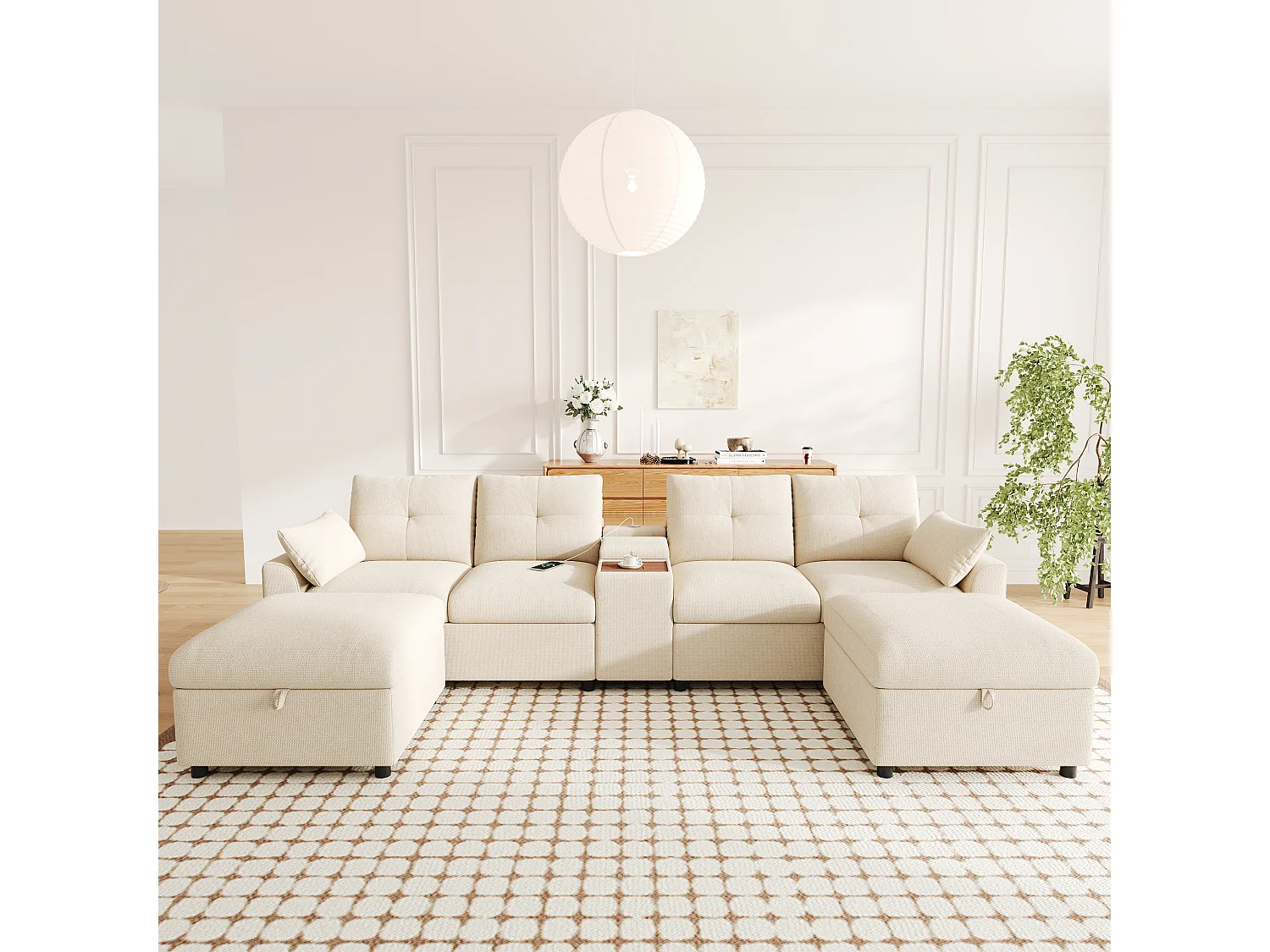 Divano panoramico a forma di U con doppia chaise longue, vano contenitore e schienale regolabile - Ciniglia - 300 x 150 x 85 cm - Grigio