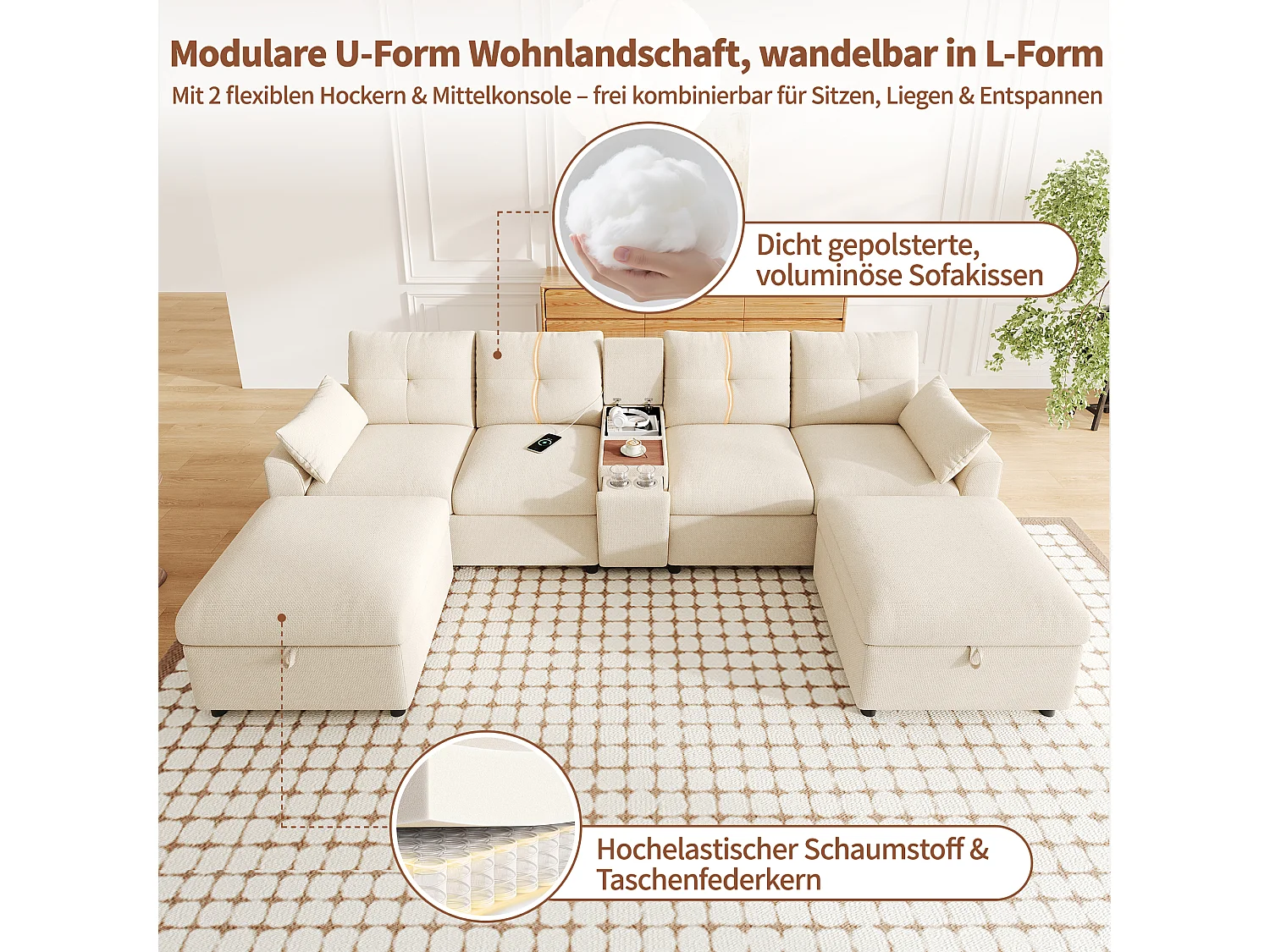 Divano panoramico a forma di U con doppia chaise longue, vano contenitore e schienale regolabile - Ciniglia - 300 x 150 x 85 cm - Grigio