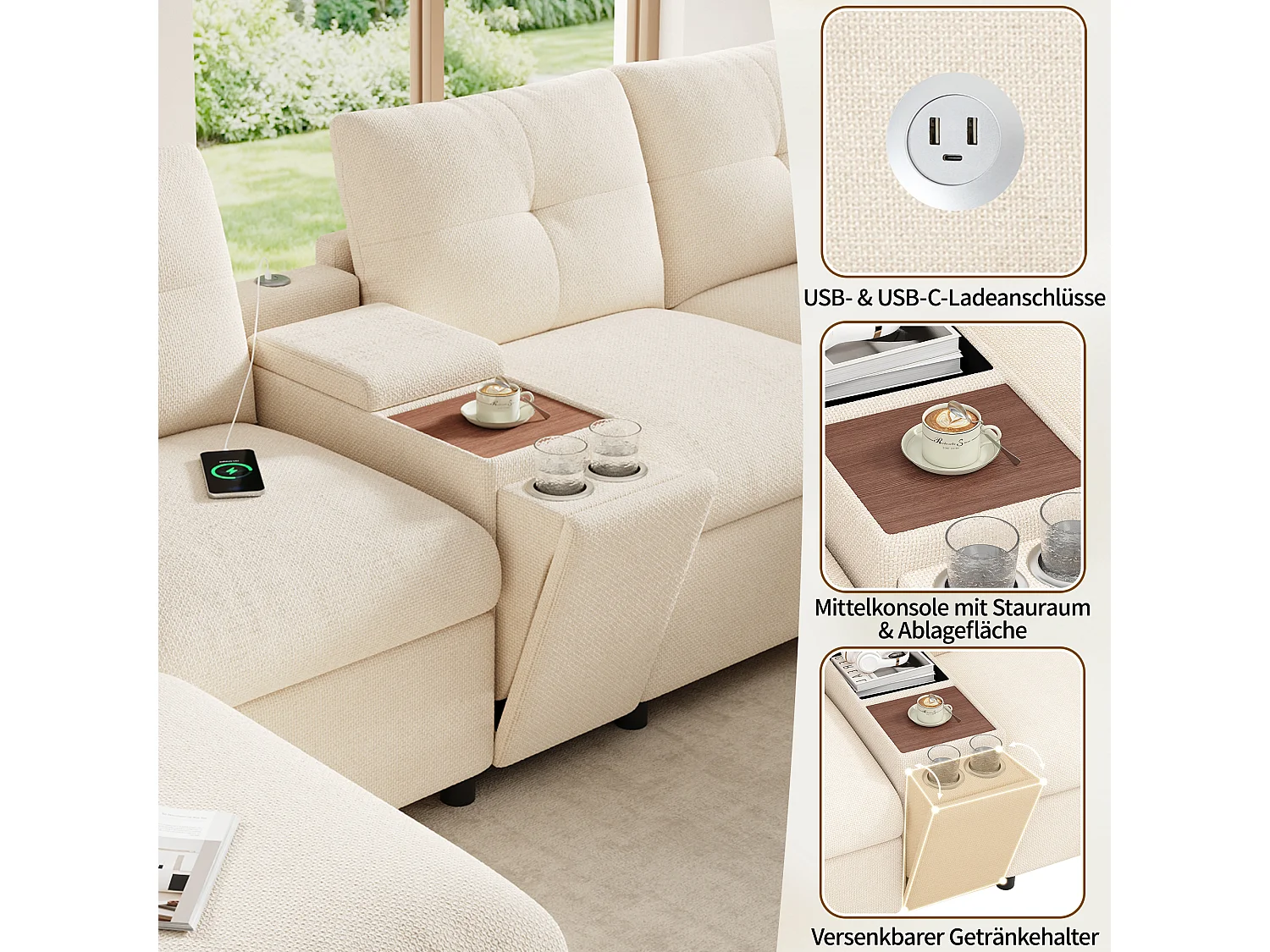 Divano panoramico a forma di U con doppia chaise longue, vano contenitore e schienale regolabile - Ciniglia - 300 x 150 x 85 cm - Grigio