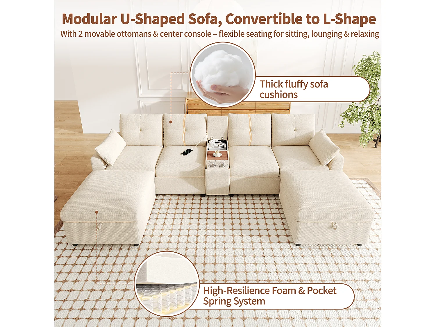 Divano panoramico a forma di U con doppia chaise longue, vano contenitore e schienale regolabile - Ciniglia - 300 x 150 x 85 cm - Grigio