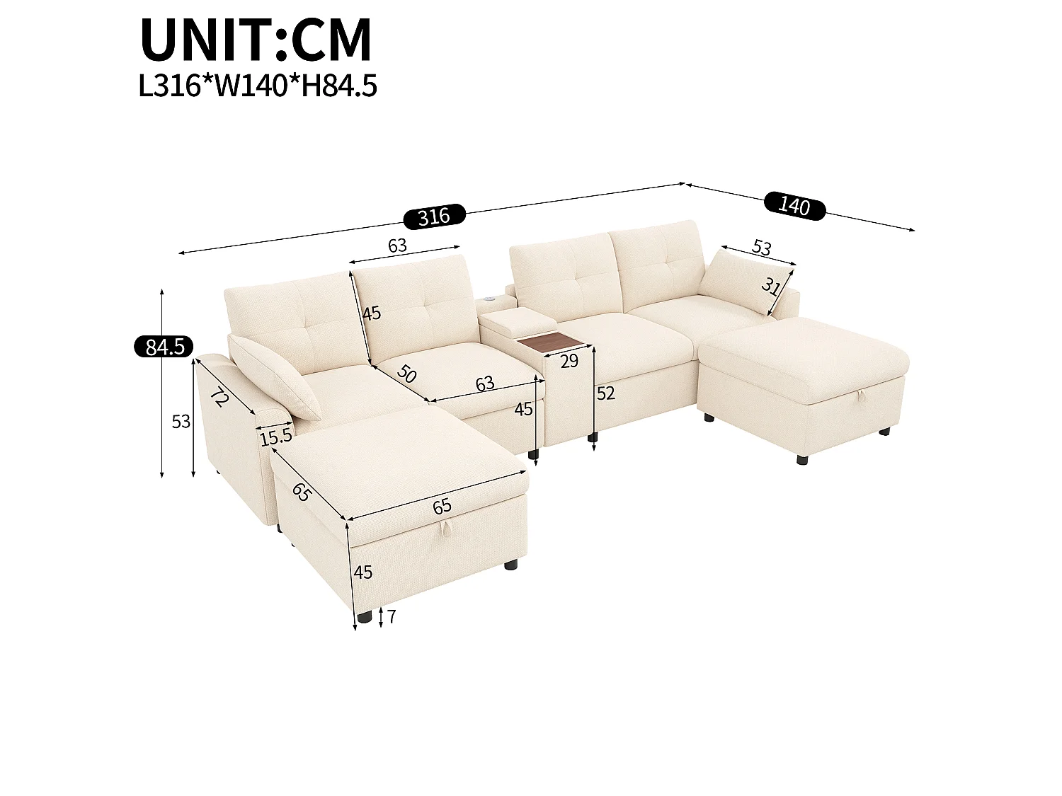 Divano panoramico a forma di U con doppia chaise longue, vano contenitore e schienale regolabile - Ciniglia - 300 x 150 x 85 cm - Grigio