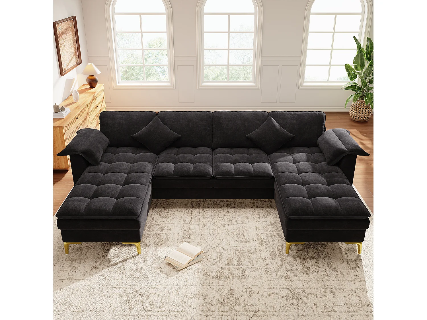 Modulares 6-Sitzer-Ecksofa (links/rechts) mit 2 Staufächern und zentraler Konsole mit USB-/Typ-C-Anschluss – Chenille – 316 x 140 x 84,5 cm – Schwarz