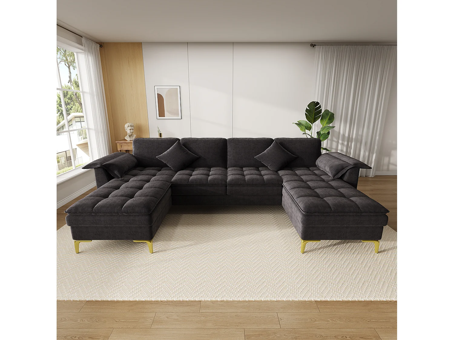 Modulares 6-Sitzer-Ecksofa (links/rechts) mit 2 Staufächern und zentraler Konsole mit USB-/Typ-C-Anschluss – Chenille – 316 x 140 x 84,5 cm – Schwarz