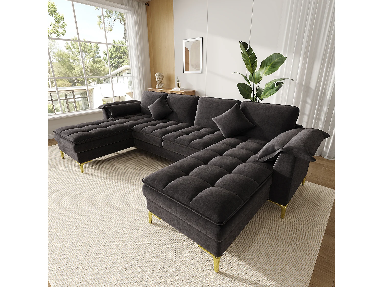 Modulares 6-Sitzer-Ecksofa (links/rechts) mit 2 Staufächern und zentraler Konsole mit USB-/Typ-C-Anschluss – Chenille – 316 x 140 x 84,5 cm – Schwarz