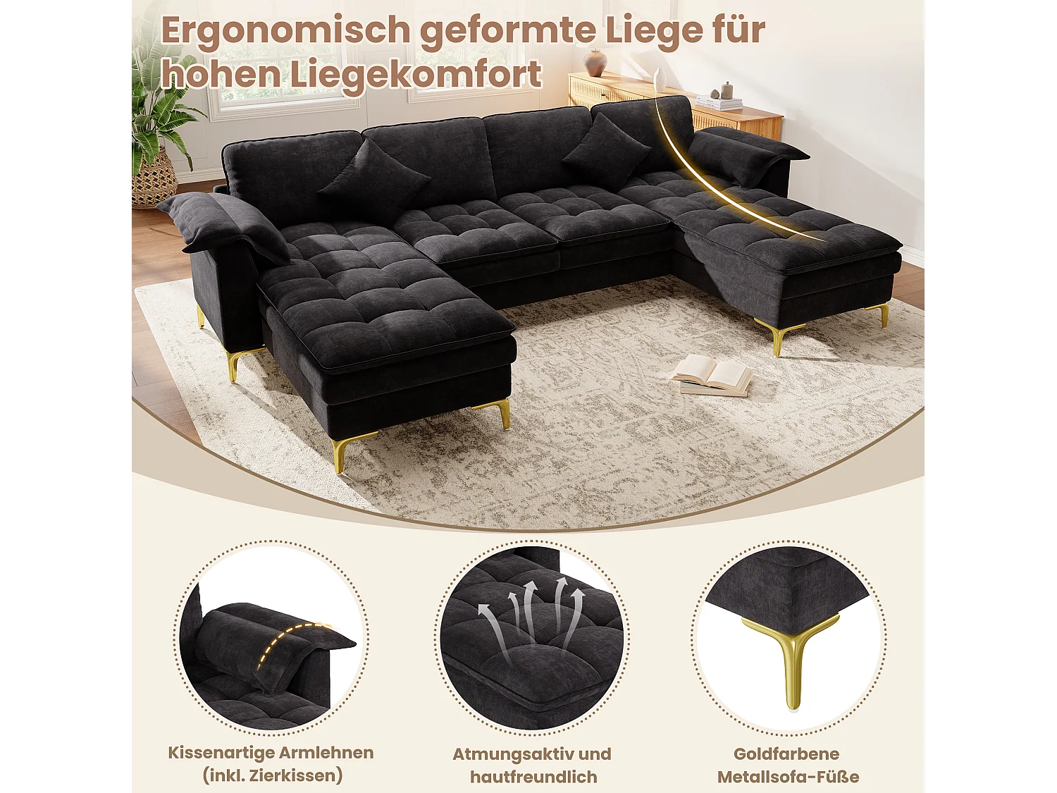 Modulares 6-Sitzer-Ecksofa (links/rechts) mit 2 Staufächern und zentraler Konsole mit USB-/Typ-C-Anschluss – Chenille – 316 x 140 x 84,5 cm – Schwarz