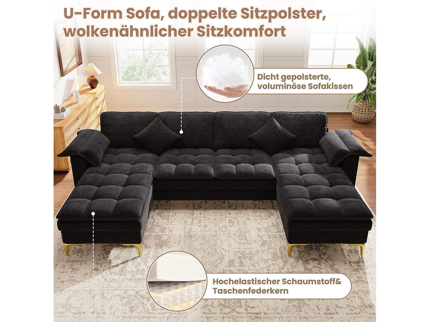 Modulares 6-Sitzer-Ecksofa (links/rechts) mit 2 Staufächern und zentraler Konsole mit USB-/Typ-C-Anschluss – Chenille – 316 x 140 x 84,5 cm – Schwarz