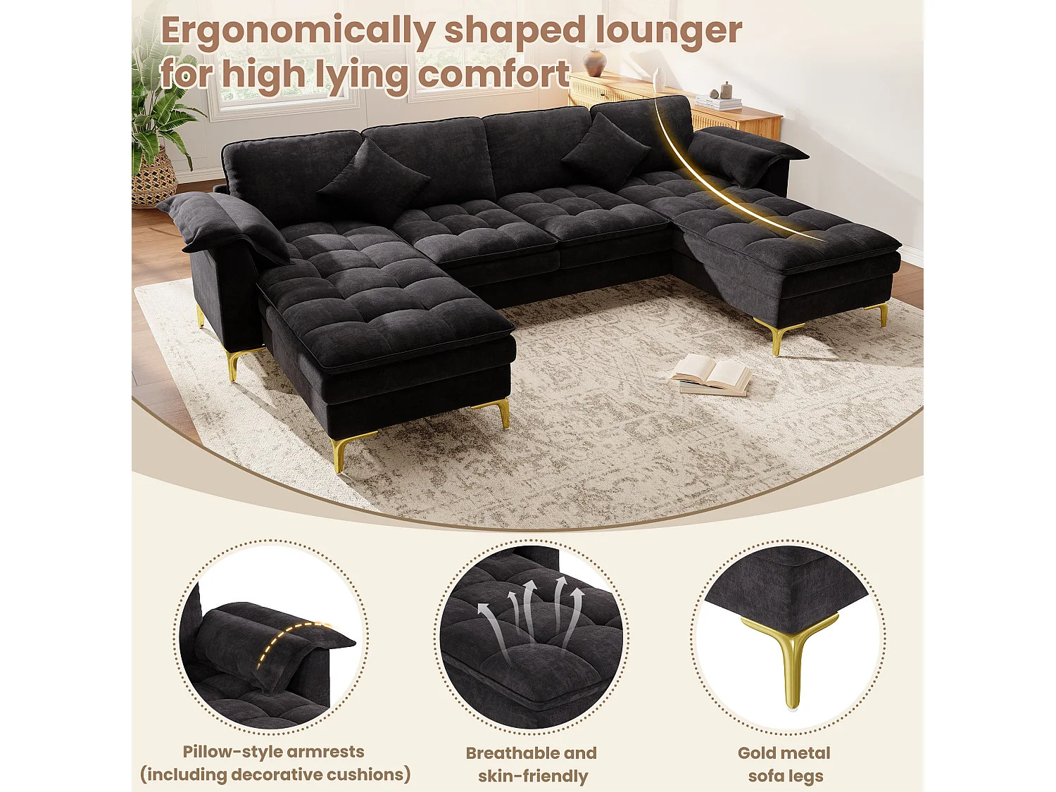 Modulares 6-Sitzer-Ecksofa (links/rechts) mit 2 Staufächern und zentraler Konsole mit USB-/Typ-C-Anschluss – Chenille – 316 x 140 x 84,5 cm – Schwarz