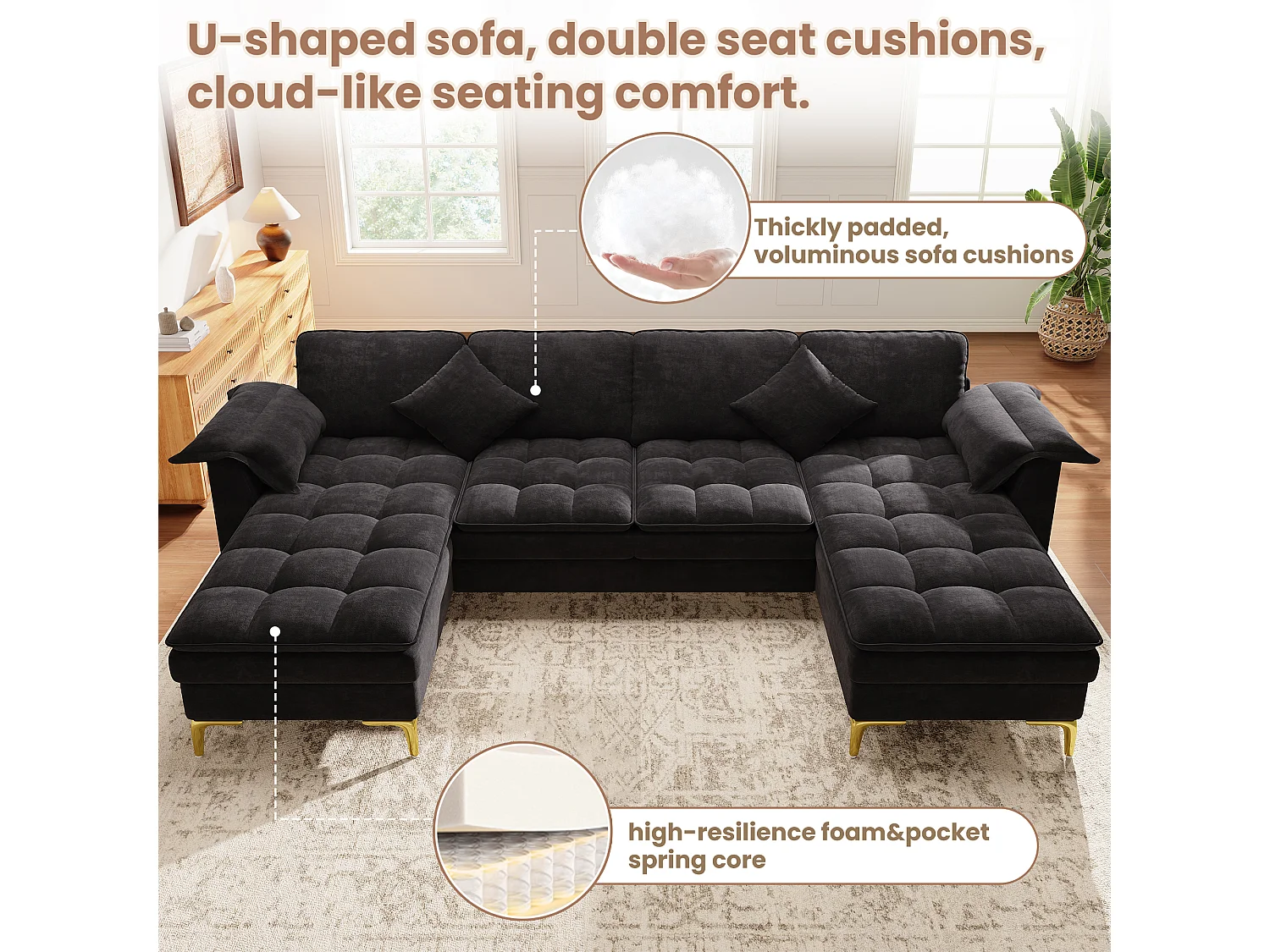 Modulares 6-Sitzer-Ecksofa (links/rechts) mit 2 Staufächern und zentraler Konsole mit USB-/Typ-C-Anschluss – Chenille – 316 x 140 x 84,5 cm – Schwarz