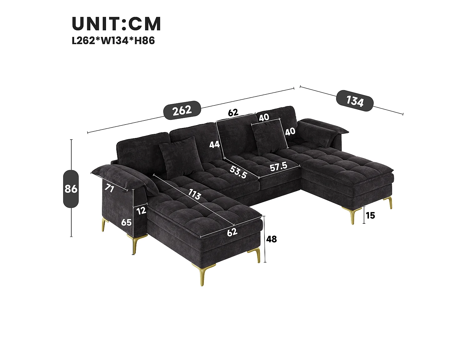 Modulares 6-Sitzer-Ecksofa (links/rechts) mit 2 Staufächern und zentraler Konsole mit USB-/Typ-C-Anschluss – Chenille – 316 x 140 x 84,5 cm – Schwarz