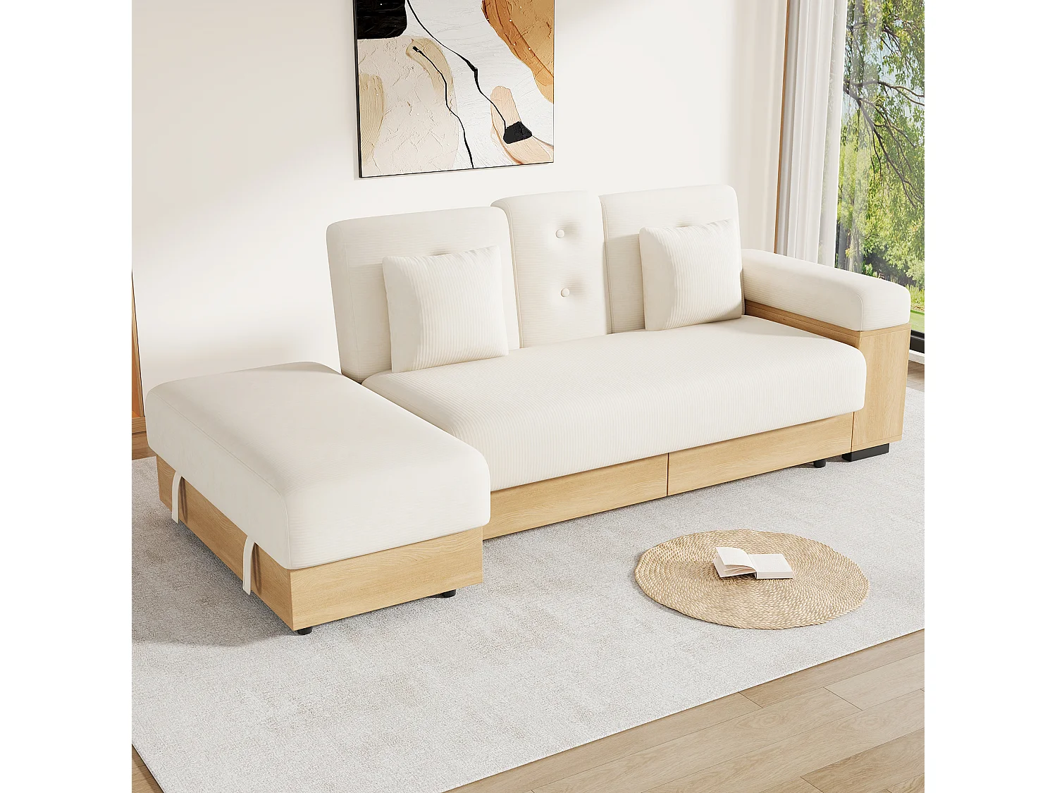 Canapé d'angle 3 places avec rangement, dossier réglable 3 positions, 2 tiroirs et porte-gobelet - Chenille + MDF - 217 x 110 x 90 cm - Beige
