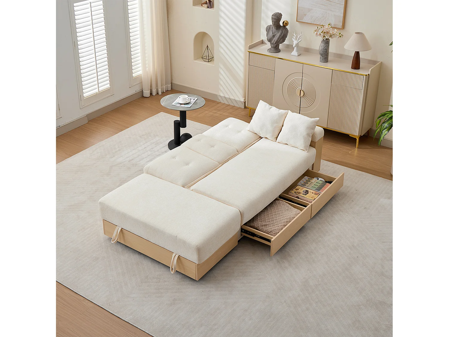 Canapé d'angle 3 places avec rangement, dossier réglable 3 positions, 2 tiroirs et porte-gobelet - Chenille + MDF - 217 x 110 x 90 cm - Beige