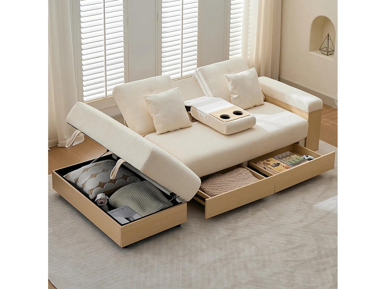 Canapé d'angle 3 places avec rangement, dossier réglable 3 positions, 2 tiroirs et porte-gobelet - Chenille + MDF - 217 x 110 x 90 cm - Beige