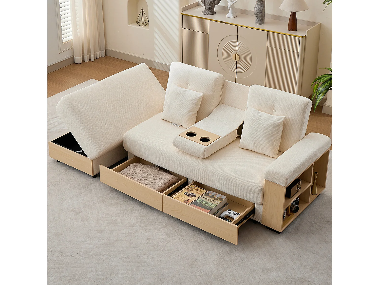 Canapé d'angle 3 places avec rangement, dossier réglable 3 positions, 2 tiroirs et porte-gobelet - Chenille + MDF - 217 x 110 x 90 cm - Beige