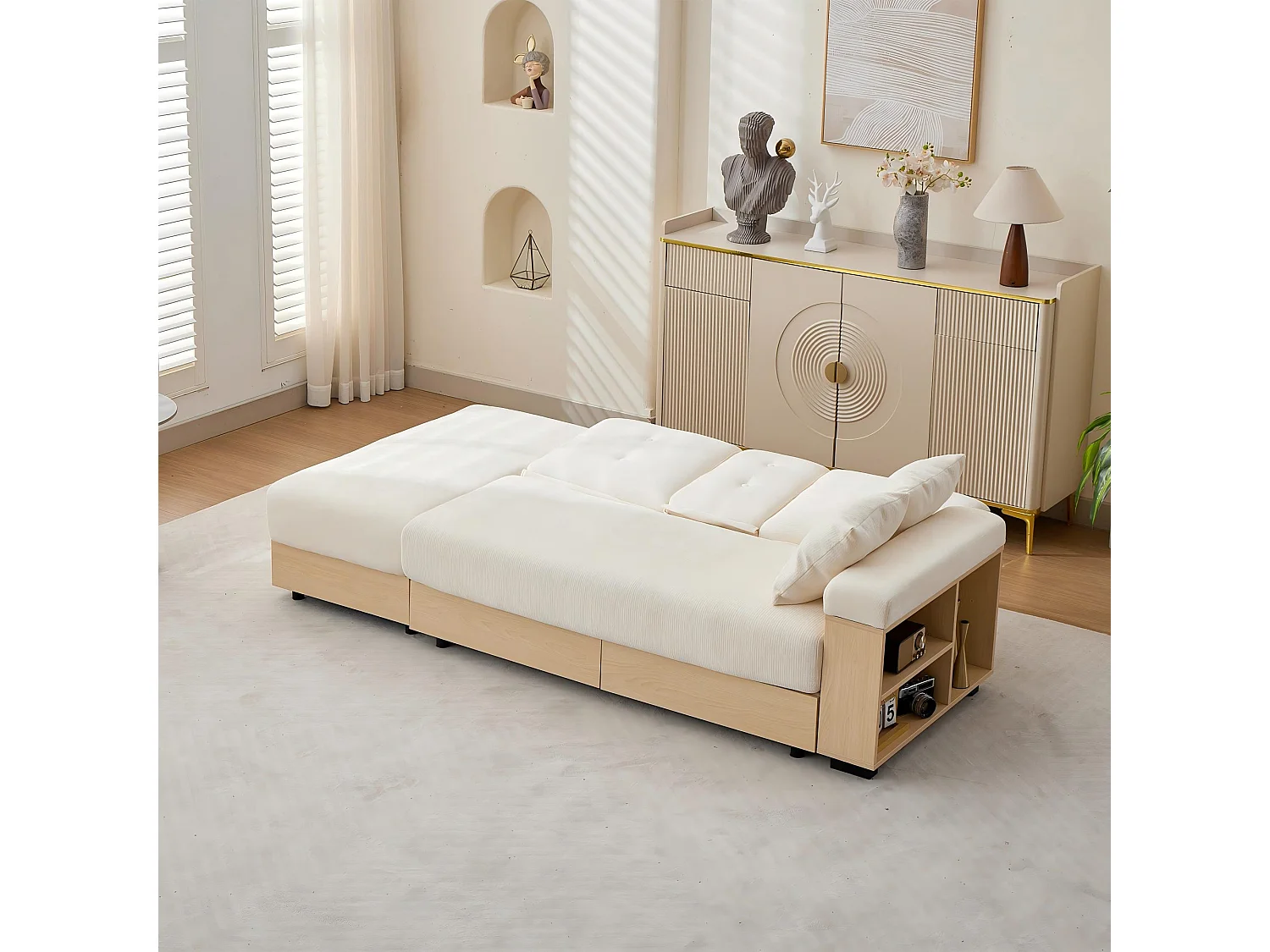 Canapé d'angle 3 places avec rangement, dossier réglable 3 positions, 2 tiroirs et porte-gobelet - Chenille + MDF - 217 x 110 x 90 cm - Beige