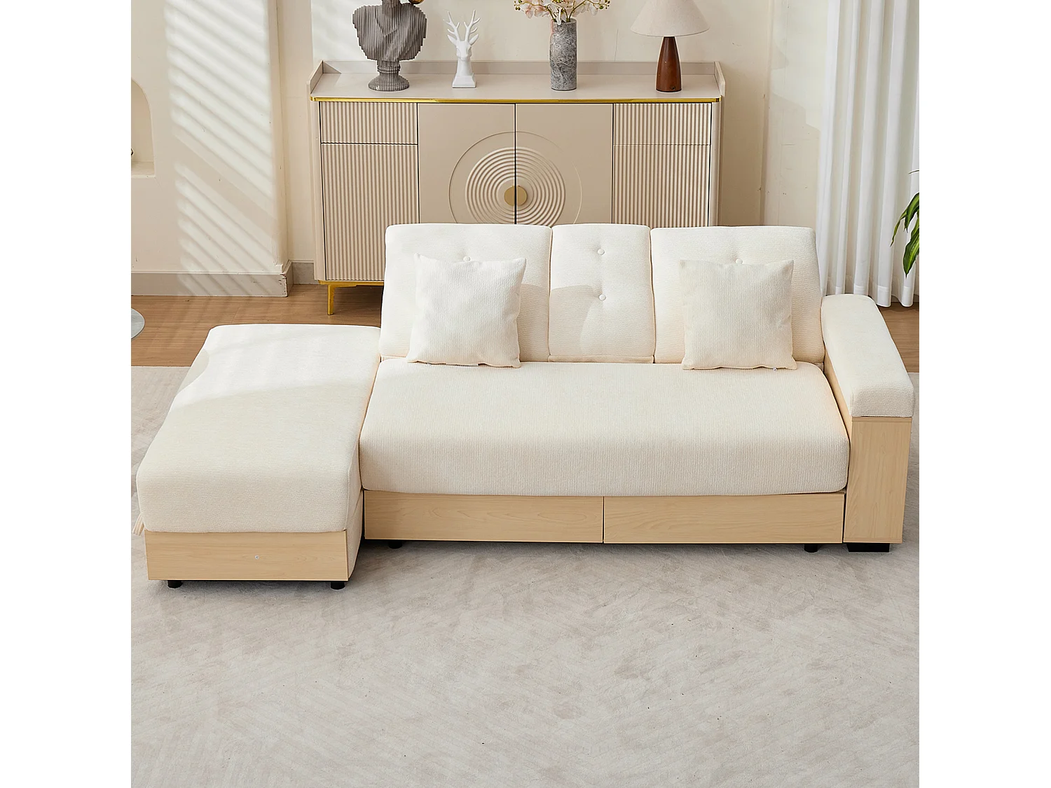 Canapé d'angle 3 places avec rangement, dossier réglable 3 positions, 2 tiroirs et porte-gobelet - Chenille + MDF - 217 x 110 x 90 cm - Beige