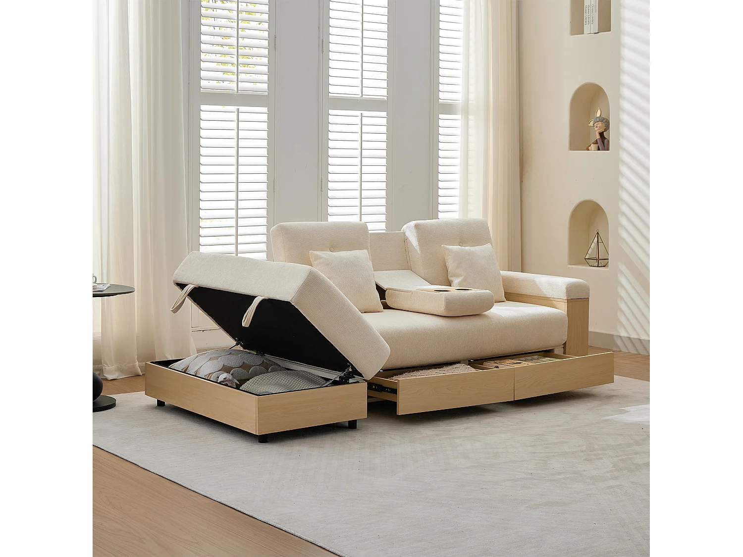 Canapé d'angle 3 places avec rangement, dossier réglable 3 positions, 2 tiroirs et porte-gobelet - Chenille + MDF - 217 x 110 x 90 cm - Beige