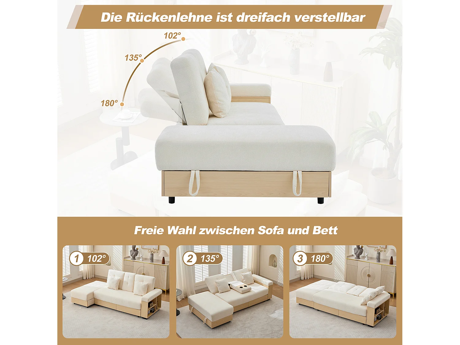 Canapé d'angle 3 places avec rangement, dossier réglable 3 positions, 2 tiroirs et porte-gobelet - Chenille + MDF - 217 x 110 x 90 cm - Beige