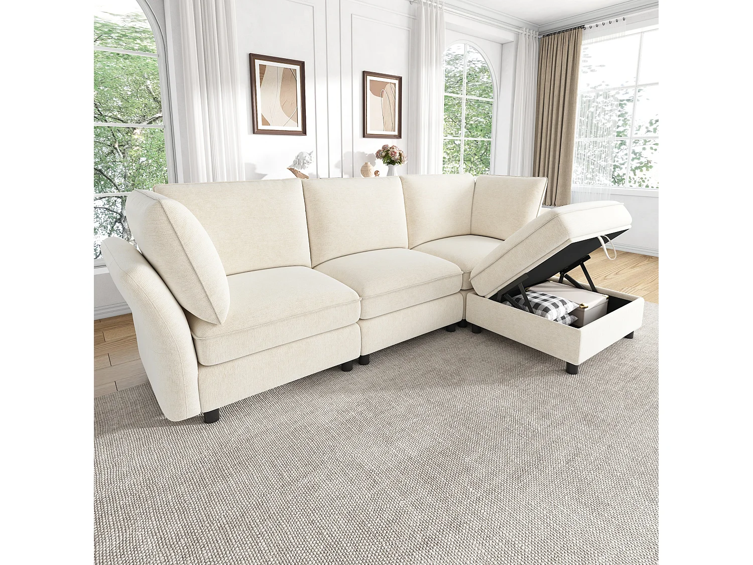 Divano angolare modulare a L con pouf contenitore e cuscini – Ciniglia – 225 x 137 x 84 cm – 4/5 posti – Beige