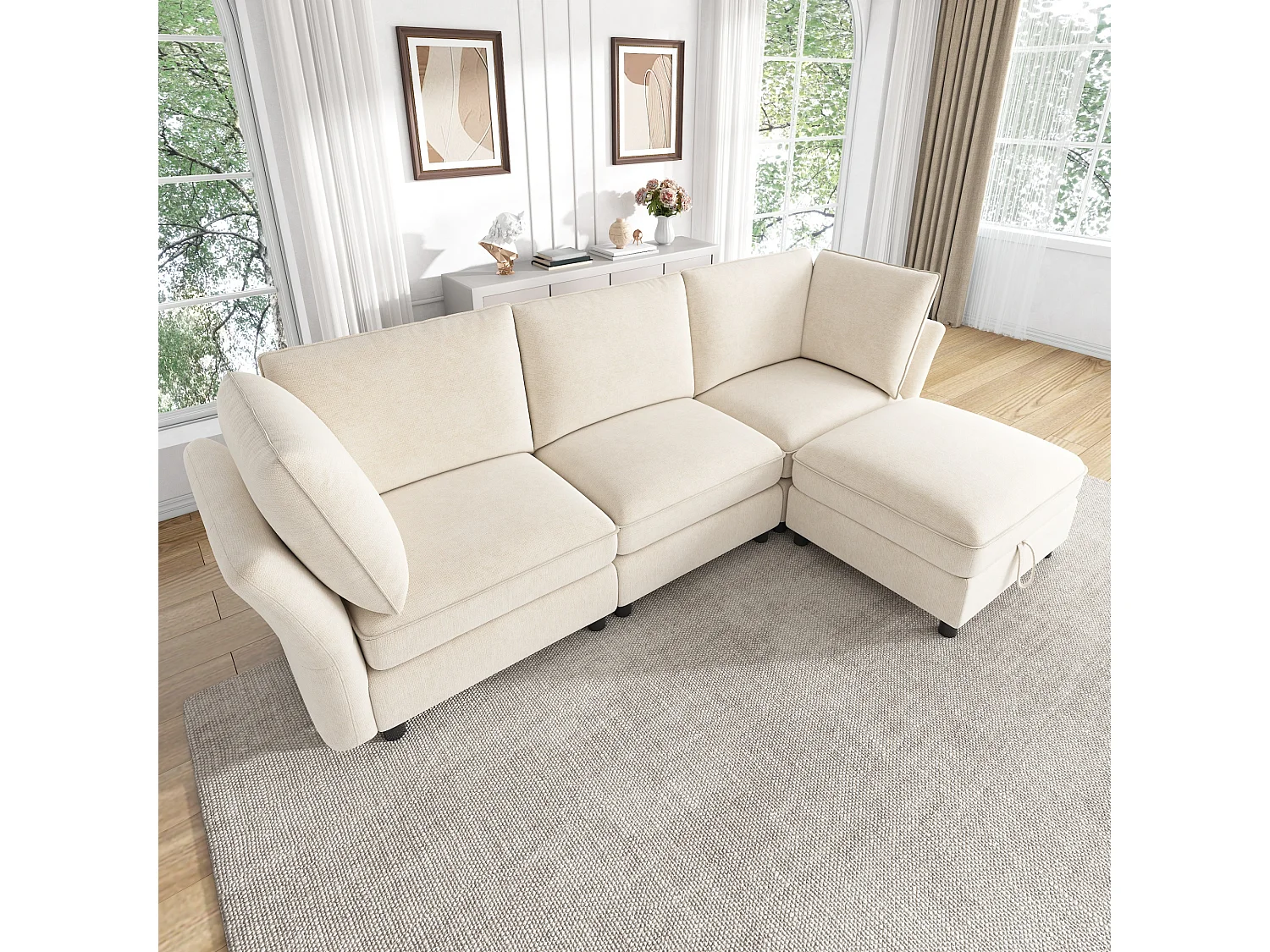 Divano angolare modulare a L con pouf contenitore e cuscini – Ciniglia – 225 x 137 x 84 cm – 4/5 posti – Beige
