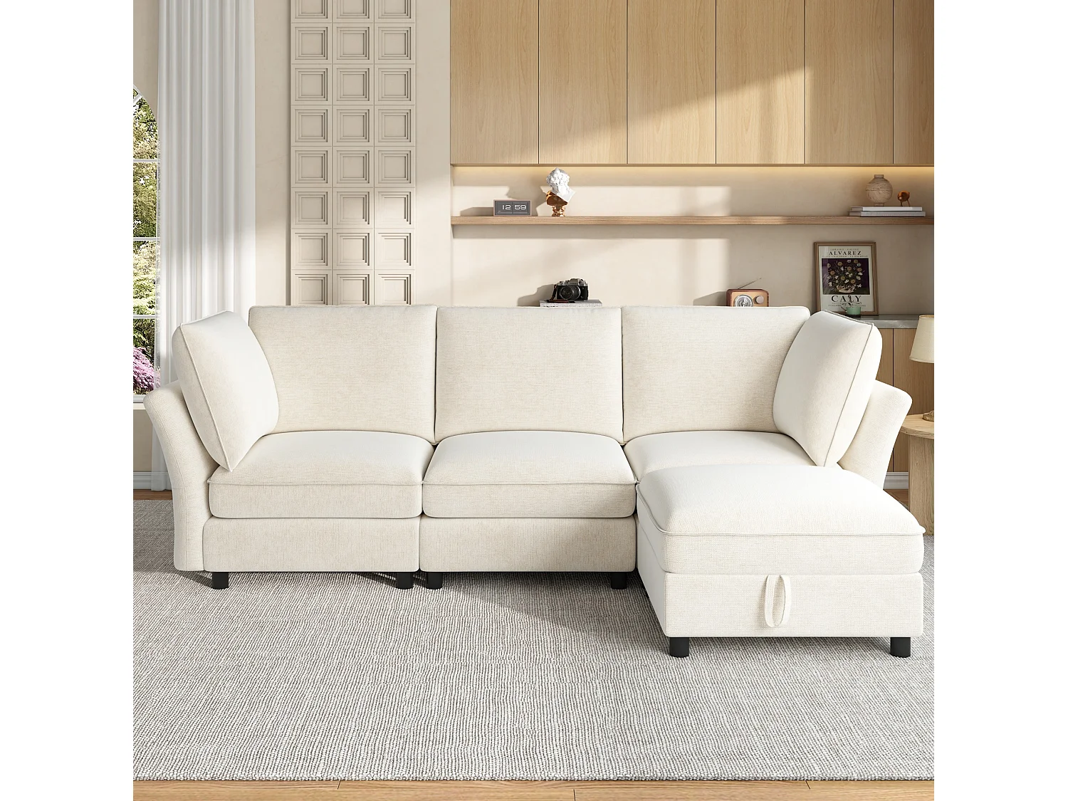 Divano angolare modulare a L con pouf contenitore e cuscini – Ciniglia – 225 x 137 x 84 cm – 4/5 posti – Beige