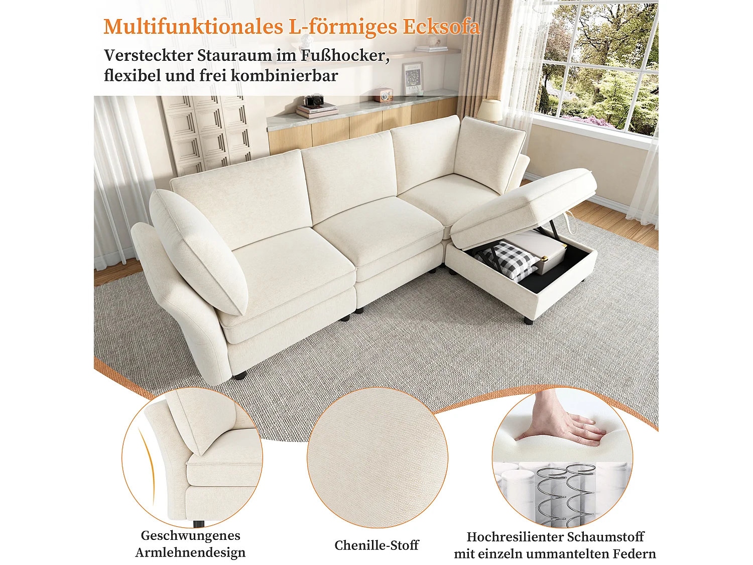 Divano angolare modulare a L con pouf contenitore e cuscini – Ciniglia – 225 x 137 x 84 cm – 4/5 posti – Beige