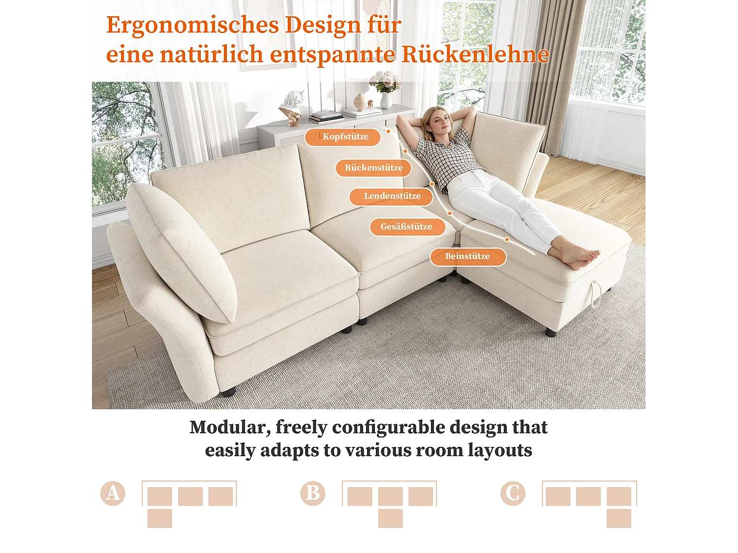 Divano angolare modulare a L con pouf contenitore e cuscini – Ciniglia – 225 x 137 x 84 cm – 4/5 posti – Beige