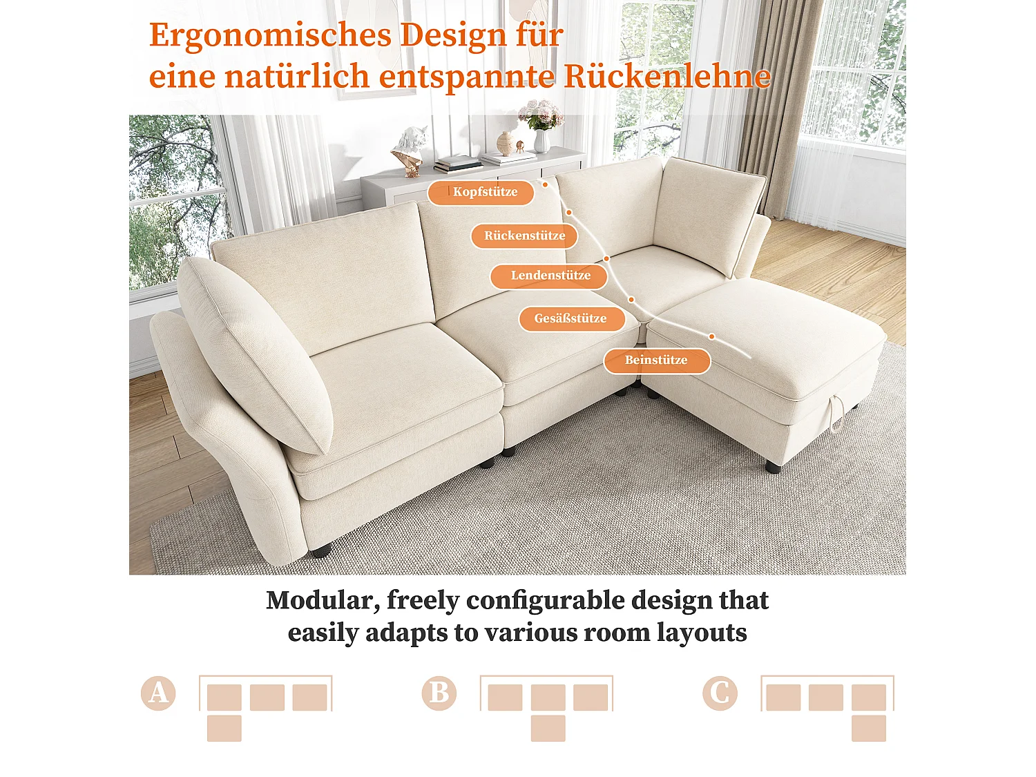 Divano angolare modulare a L con pouf contenitore e cuscini – Ciniglia – 225 x 137 x 84 cm – 4/5 posti – Beige