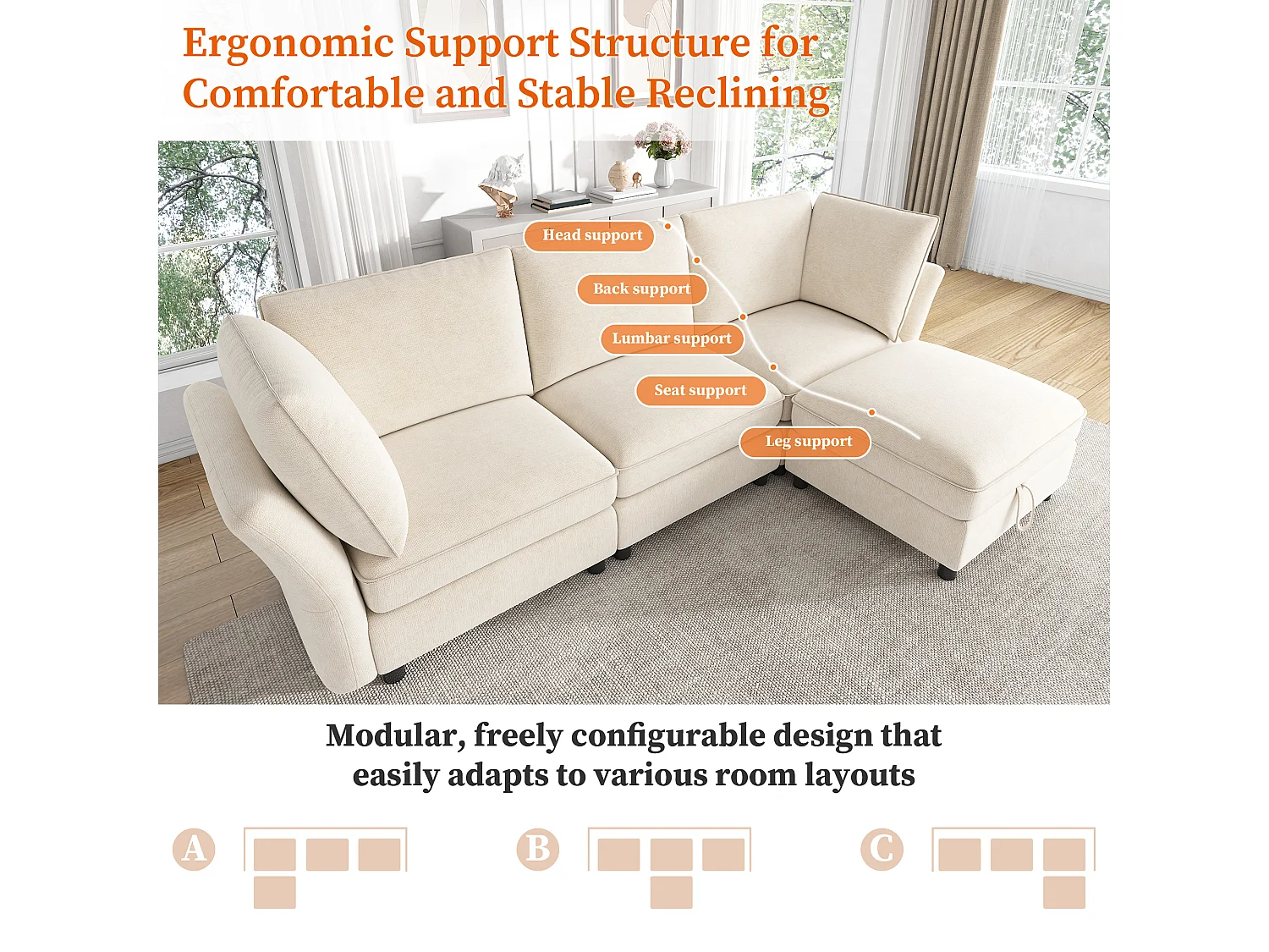 Divano angolare modulare a L con pouf contenitore e cuscini – Ciniglia – 225 x 137 x 84 cm – 4/5 posti – Beige