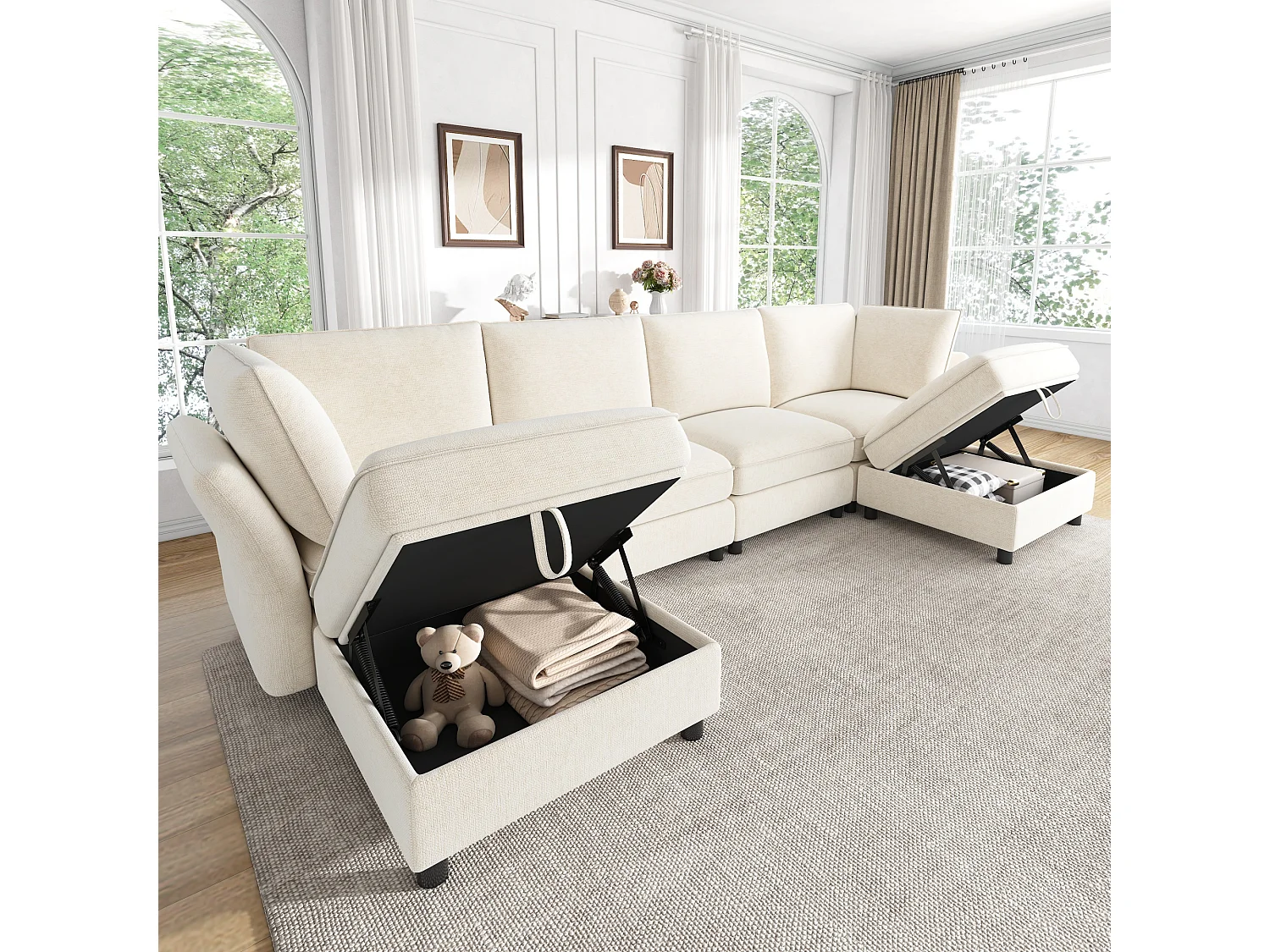 Divano angolare modulare a 4 posti con pouf contenitore e 2 cuscini - Seduta con molle insacchettate - 289 x 137 x 84 cm - Ciniglia - Beige