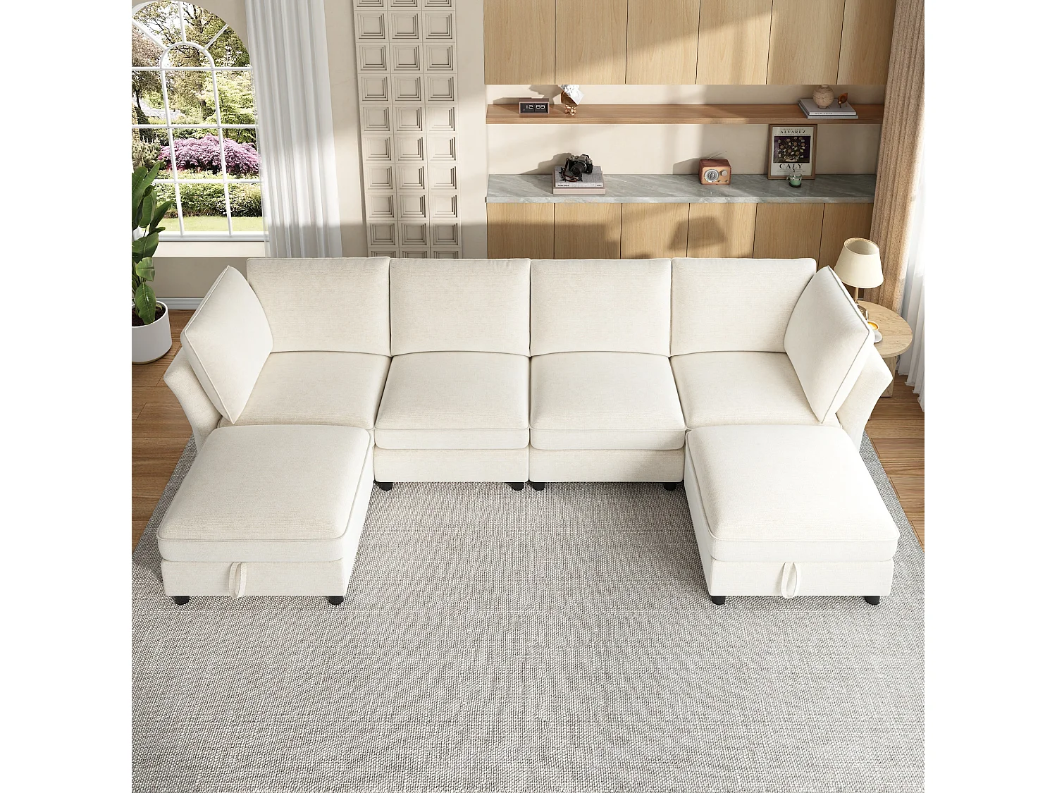 Divano angolare modulare a 4 posti con pouf contenitore e 2 cuscini - Seduta con molle insacchettate - 289 x 137 x 84 cm - Ciniglia - Beige