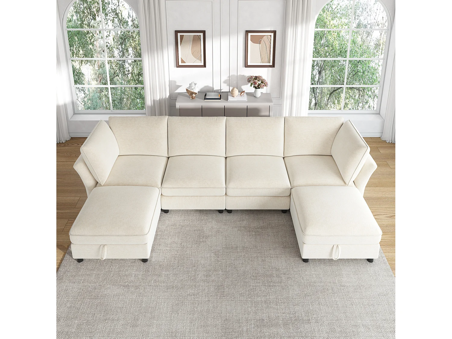 Divano angolare modulare a 4 posti con pouf contenitore e 2 cuscini - Seduta con molle insacchettate - 289 x 137 x 84 cm - Ciniglia - Beige