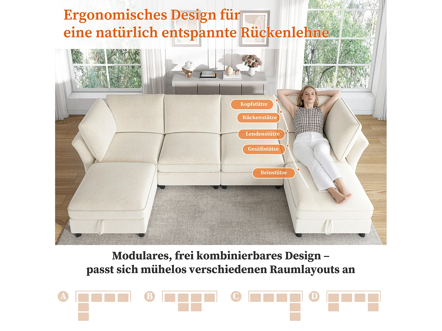 Divano angolare modulare a 4 posti con pouf contenitore e 2 cuscini - Seduta con molle insacchettate - 289 x 137 x 84 cm - Ciniglia - Beige