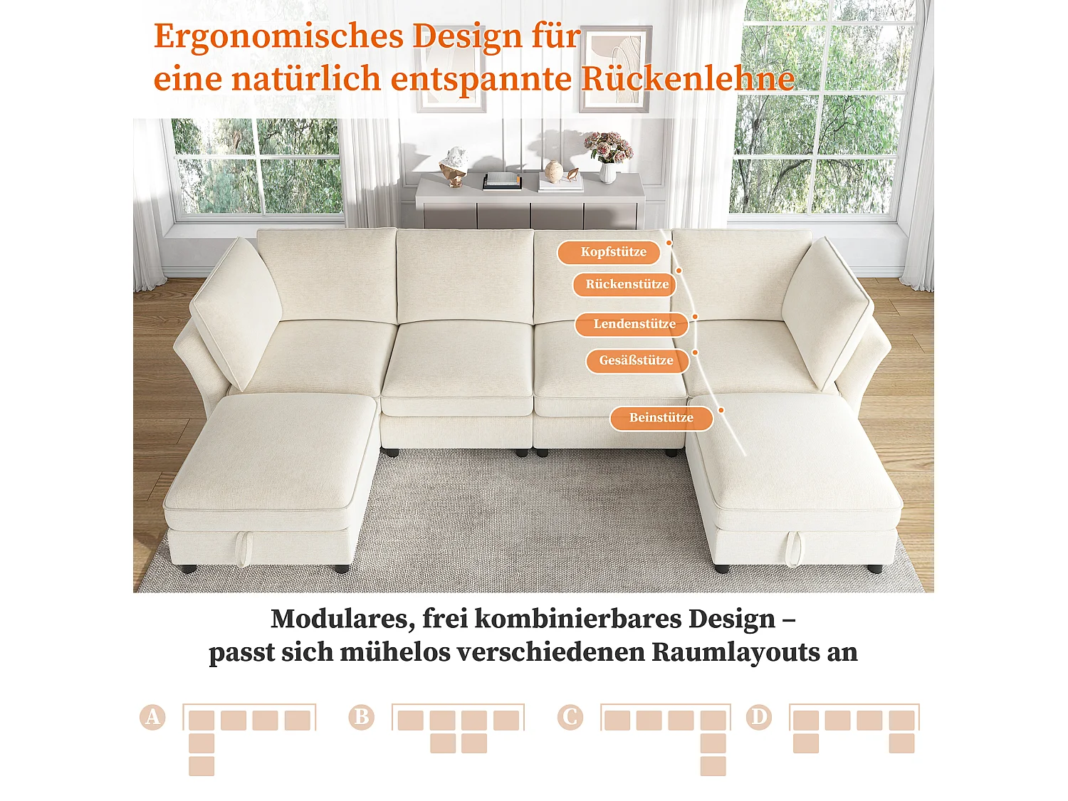 Divano angolare modulare a 4 posti con pouf contenitore e 2 cuscini - Seduta con molle insacchettate - 289 x 137 x 84 cm - Ciniglia - Beige