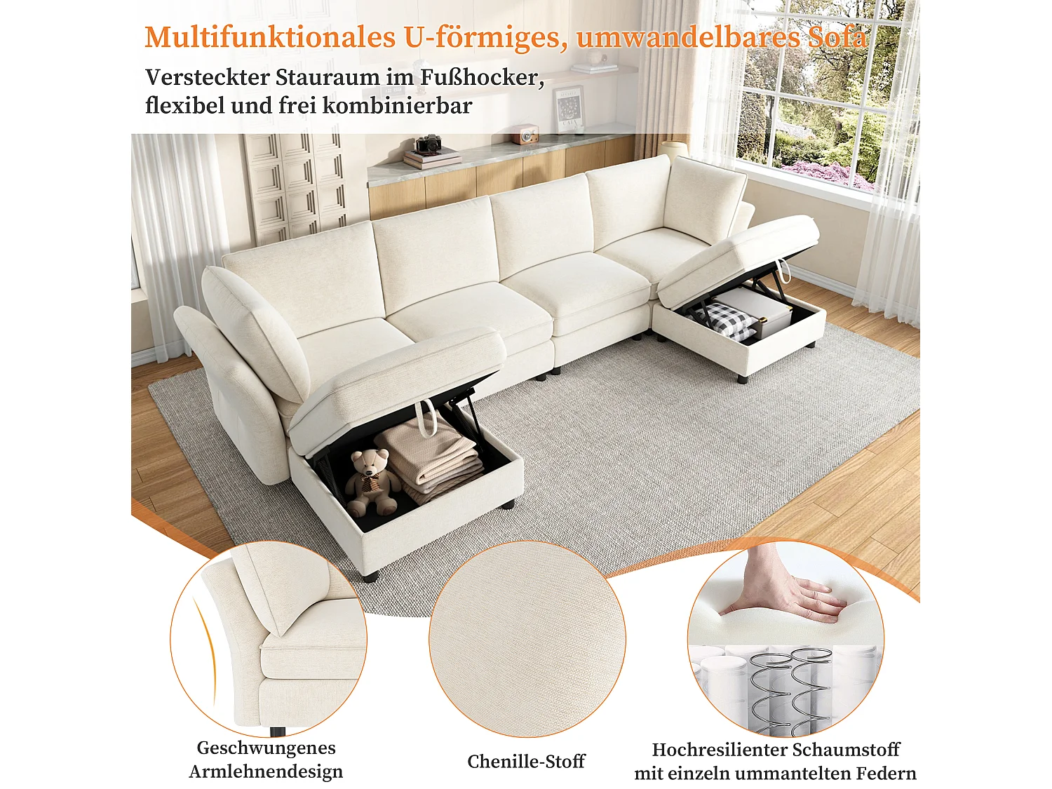 Divano angolare modulare a 4 posti con pouf contenitore e 2 cuscini - Seduta con molle insacchettate - 289 x 137 x 84 cm - Ciniglia - Beige