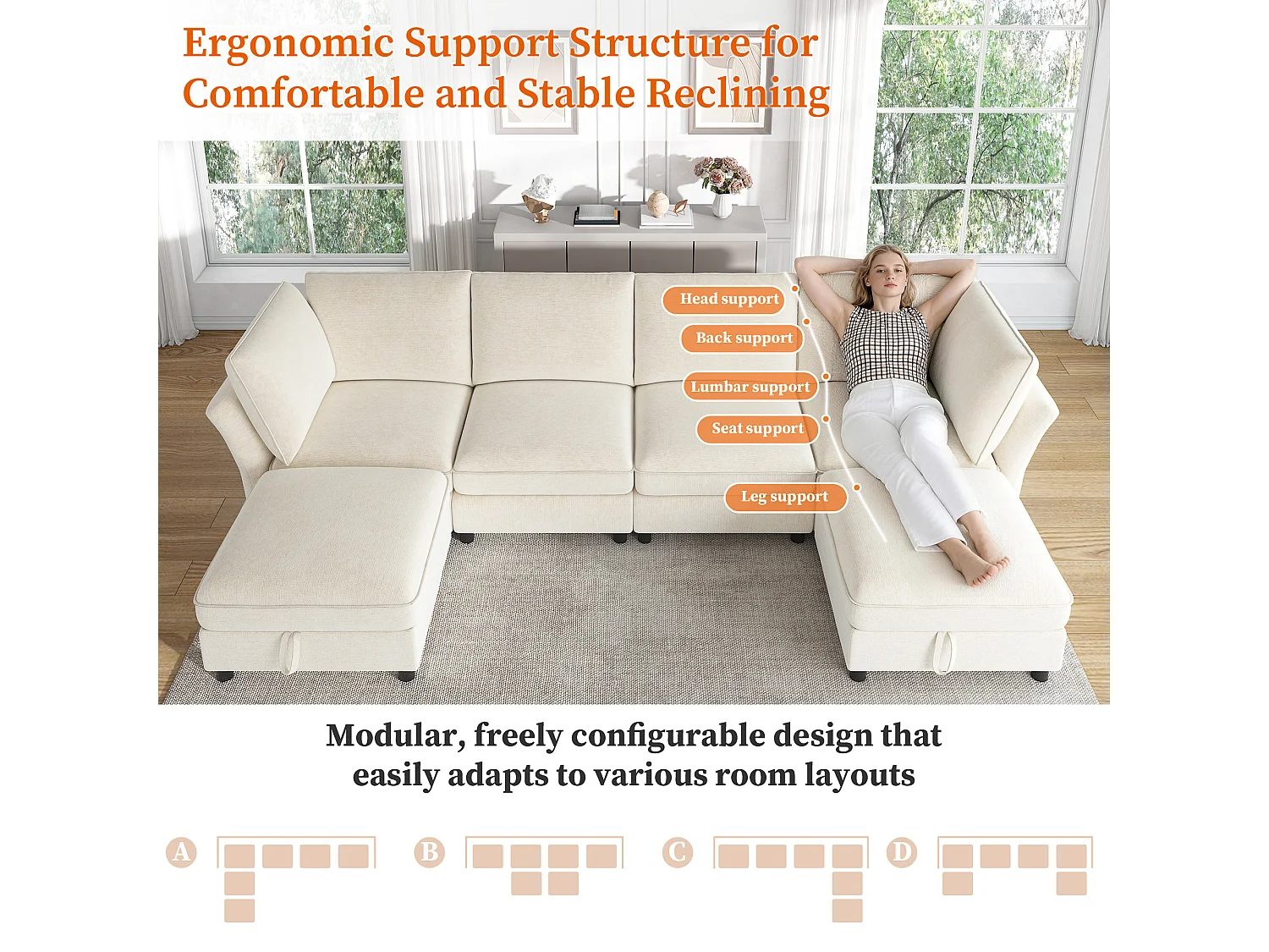 Divano angolare modulare a 4 posti con pouf contenitore e 2 cuscini - Seduta con molle insacchettate - 289 x 137 x 84 cm - Ciniglia - Beige