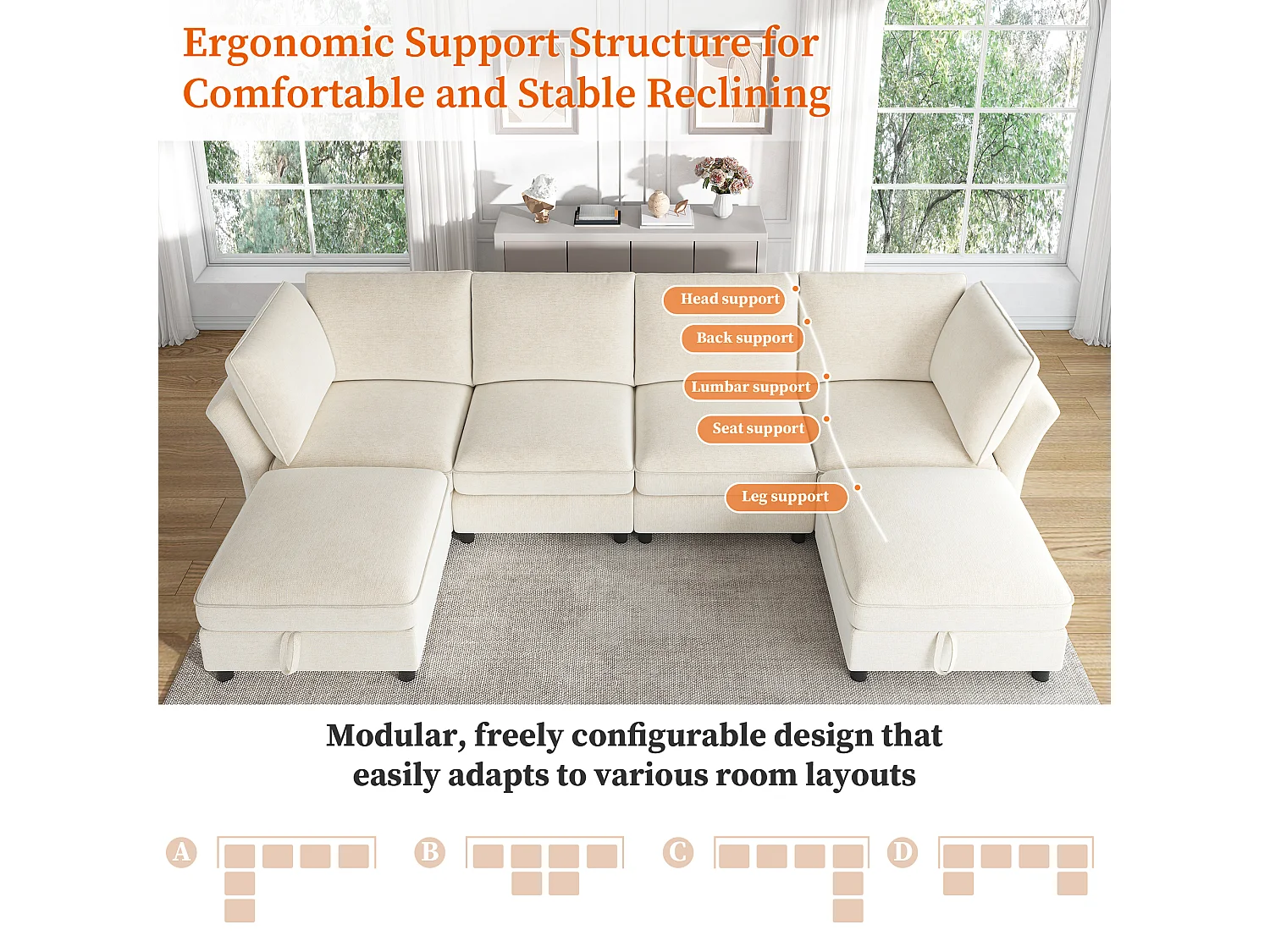 Divano angolare modulare a 4 posti con pouf contenitore e 2 cuscini - Seduta con molle insacchettate - 289 x 137 x 84 cm - Ciniglia - Beige