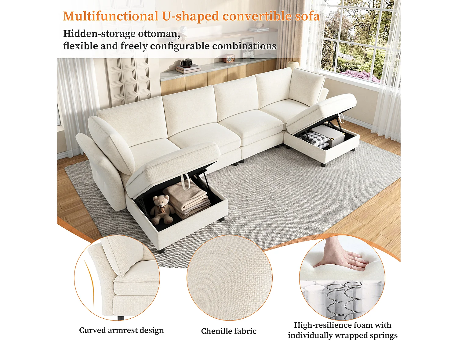 Divano angolare modulare a 4 posti con pouf contenitore e 2 cuscini - Seduta con molle insacchettate - 289 x 137 x 84 cm - Ciniglia - Beige