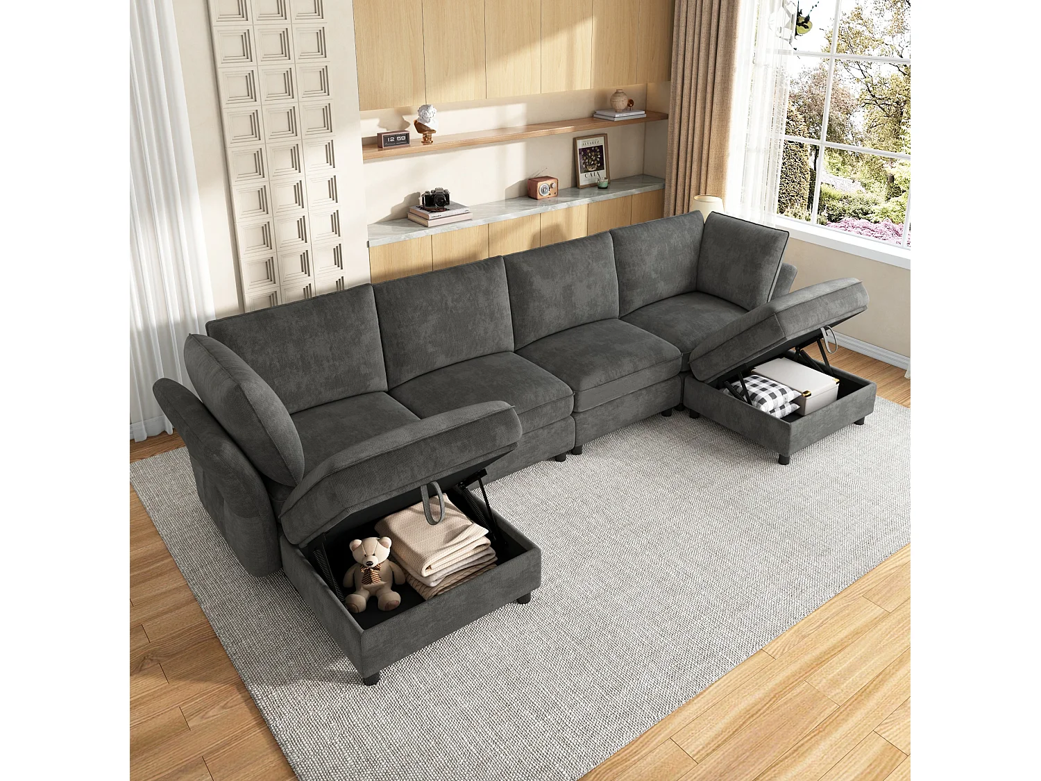 Canapé d'angle modulable 4 places avec pouf de rangement et 2 coussins - Assise à ressorts ensachés - 289 x 137 x 84 cm - Chenille - Gris