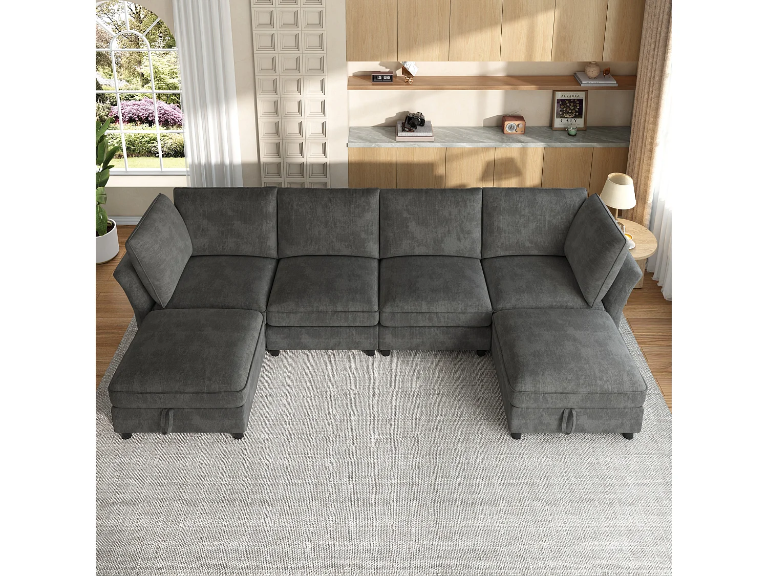Canapé d'angle modulable 4 places avec pouf de rangement et 2 coussins - Assise à ressorts ensachés - 289 x 137 x 84 cm - Chenille - Gris