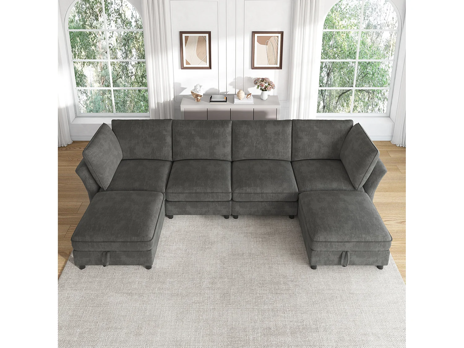Canapé d'angle modulable 4 places avec pouf de rangement et 2 coussins - Assise à ressorts ensachés - 289 x 137 x 84 cm - Chenille - Gris